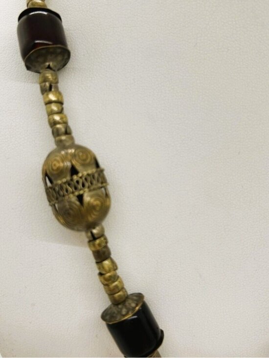 Vintage Bloodstone Jasper Pendant Necklace Green Ethnic Brass Beads Tribal - Picture 6 of 15